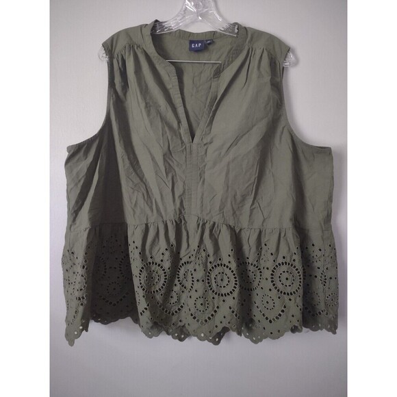 Gap Sz XXL Olive Green Sleeveless Vneck Eyelet Tank Top Blouse - Picture 1 of 3